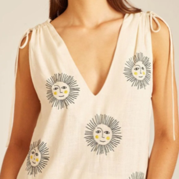 Anthropologie Tops - PEPALOVES - Embroidered SUN TOP Tie Shoulder Double V Neck Tank Sz XS